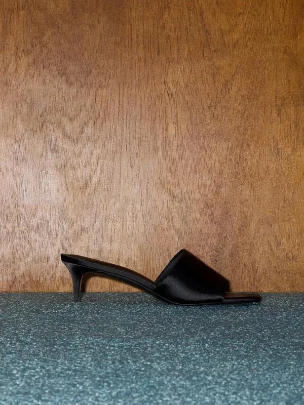 Women Satin SquareToe KittenHeel Mules 8211 Black Textured CHARLES and KEITH Heels