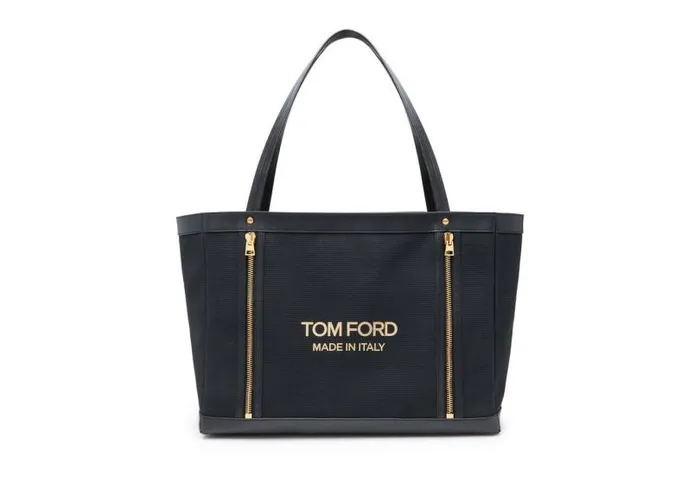 Women Shoulder Bags Tom Ford Textured Canvas T Screw Tote Black Gold