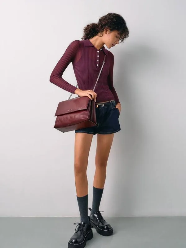 Women Sianna ChainHandle Shoulder Bag 8211 Burgundy CHARLES and KEITH Slouchy Bags