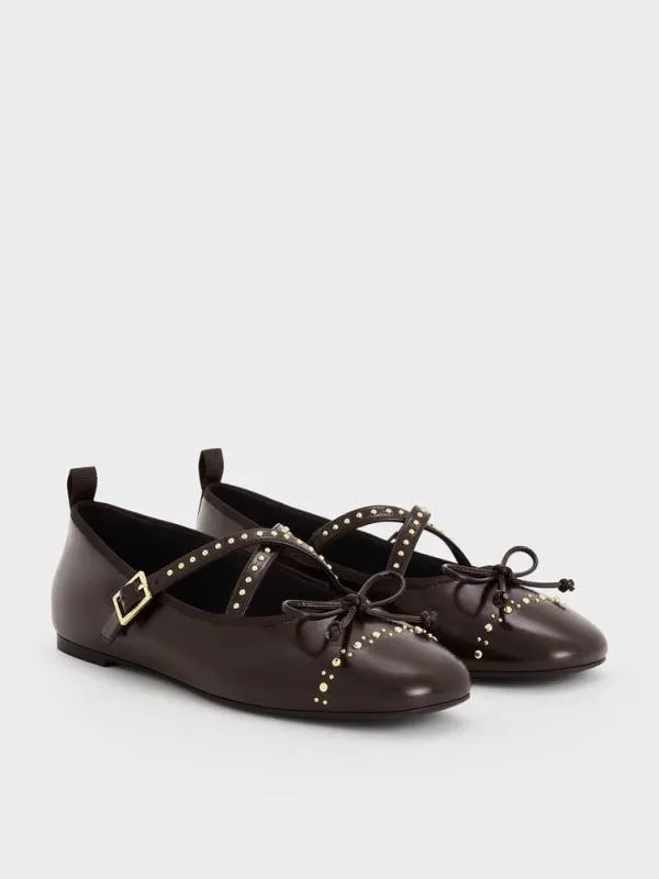 Women Studded CrossoverStrap Mary Jane Flats 8211 Dark Brown CHARLES and KEITH Ballet Flats