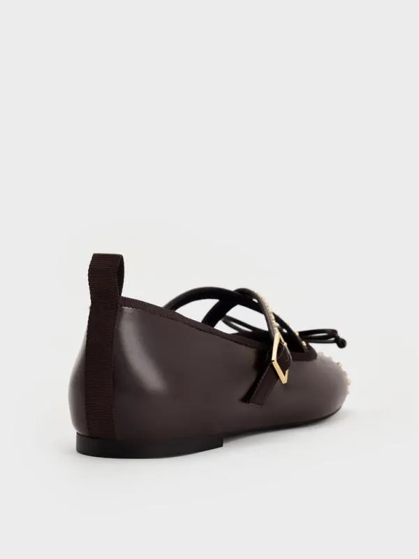 Women Studded CrossoverStrap Mary Jane Flats 8211 Dark Brown CHARLES and KEITH Ballet Flats