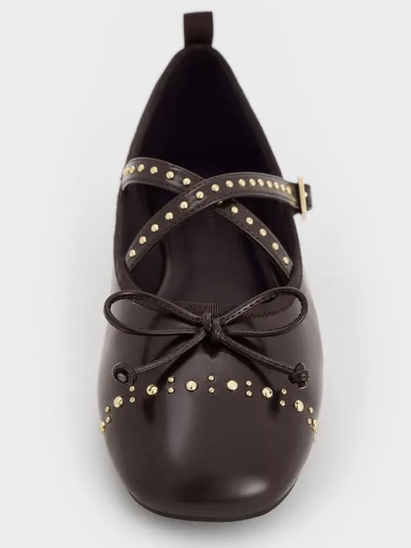 Women Studded CrossoverStrap Mary Jane Flats 8211 Dark Brown CHARLES and KEITH Ballet Flats