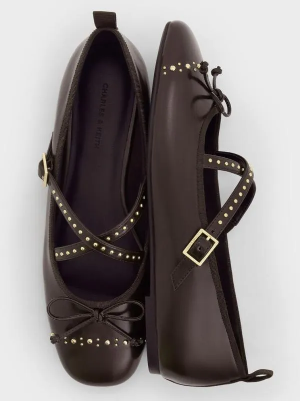 Women Studded CrossoverStrap Mary Jane Flats 8211 Dark Brown CHARLES and KEITH Ballet Flats