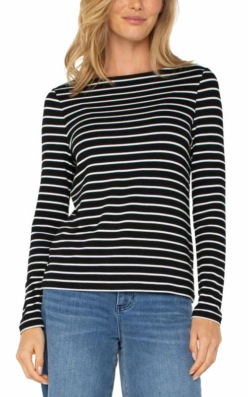 Women Tees Liverpool Los Angeles Long Sleeve Boatneck Knit Top Black White Stripe