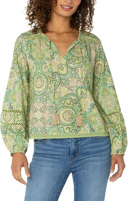 Women Tops Liverpool Los Angeles Tie Front Shirred Blouse With Trim Green Pink Paisley