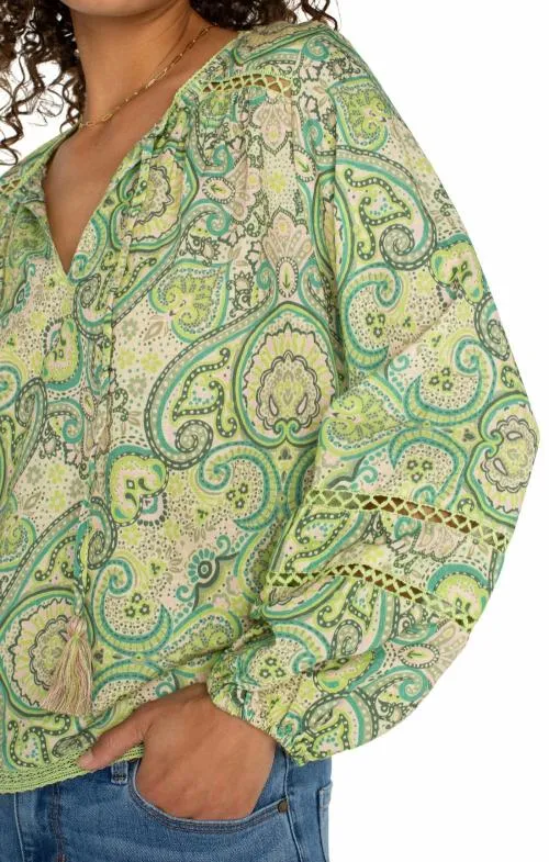 Women Tops Liverpool Los Angeles Tie Front Shirred Blouse With Trim Green Pink Paisley