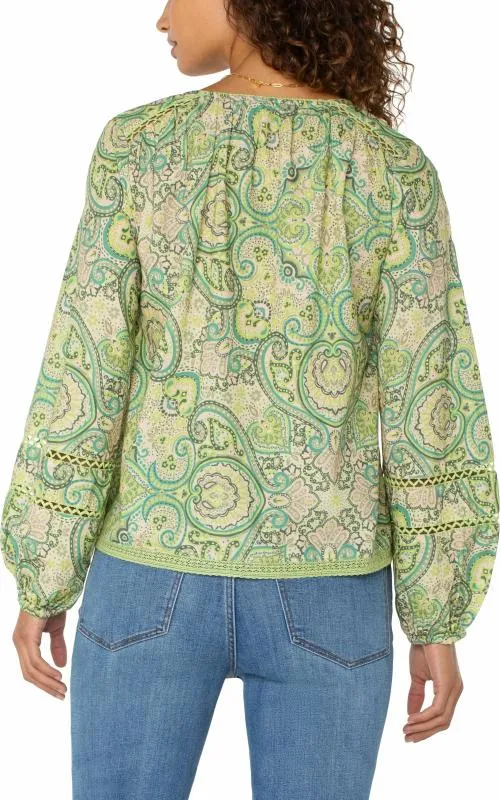Women Tops Liverpool Los Angeles Tie Front Shirred Blouse With Trim Green Pink Paisley