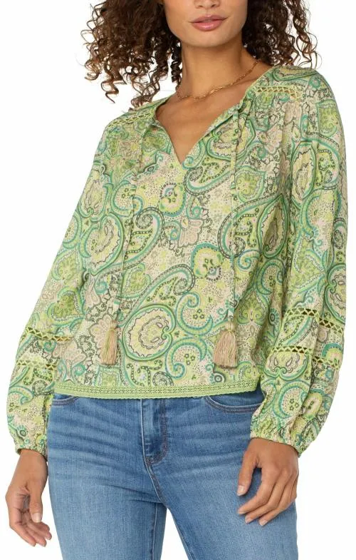 Women Tops Liverpool Los Angeles Tie Front Shirred Blouse With Trim Green Pink Paisley
