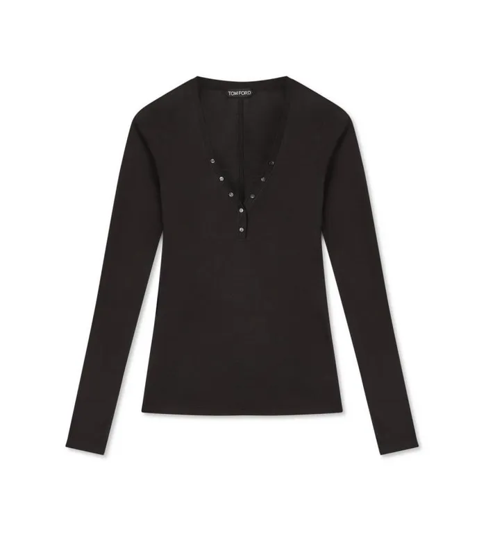 Women Tops Tom Ford Silk Wool Jersey Henley Black