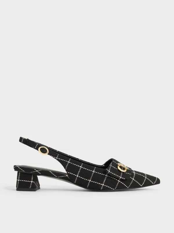Women Tweed MetallicAccent PointedToe Slingback Pumps 8211 Black Textured CHARLES and KEITH Heels