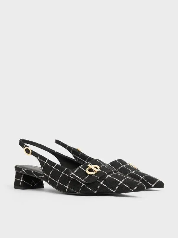 Women Tweed MetallicAccent PointedToe Slingback Pumps 8211 Black Textured CHARLES and KEITH Heels