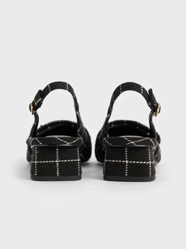 Women Tweed MetallicAccent PointedToe Slingback Pumps 8211 Black Textured CHARLES and KEITH Heels