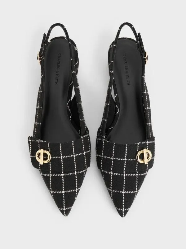 Women Tweed MetallicAccent PointedToe Slingback Pumps 8211 Black Textured CHARLES and KEITH Heels