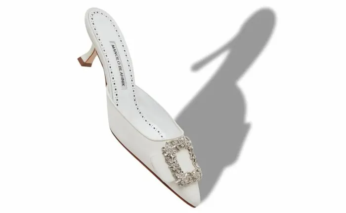 Women White Crepe De Chine Jewel Buckle Mules Manolo Blahnik Mules