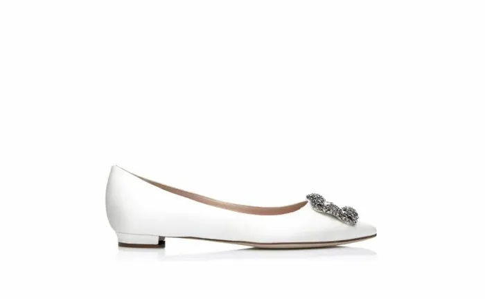 Women White Satin Jewel Buckle Flats Manolo Blahnik Flats