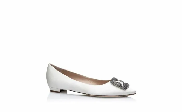 Women White Satin Jewel Buckle Flats Manolo Blahnik Flats