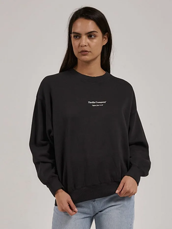 Womens Above As Below Retro Slouch Crew Washed Black Thrills Sweaters and Fleece
