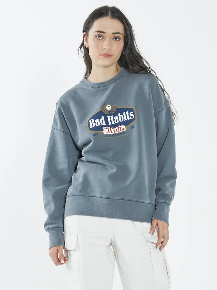 Womens Bad Habits Die Hard Slouch Crew Airforce Blue Thrills Sweaters and Fleece