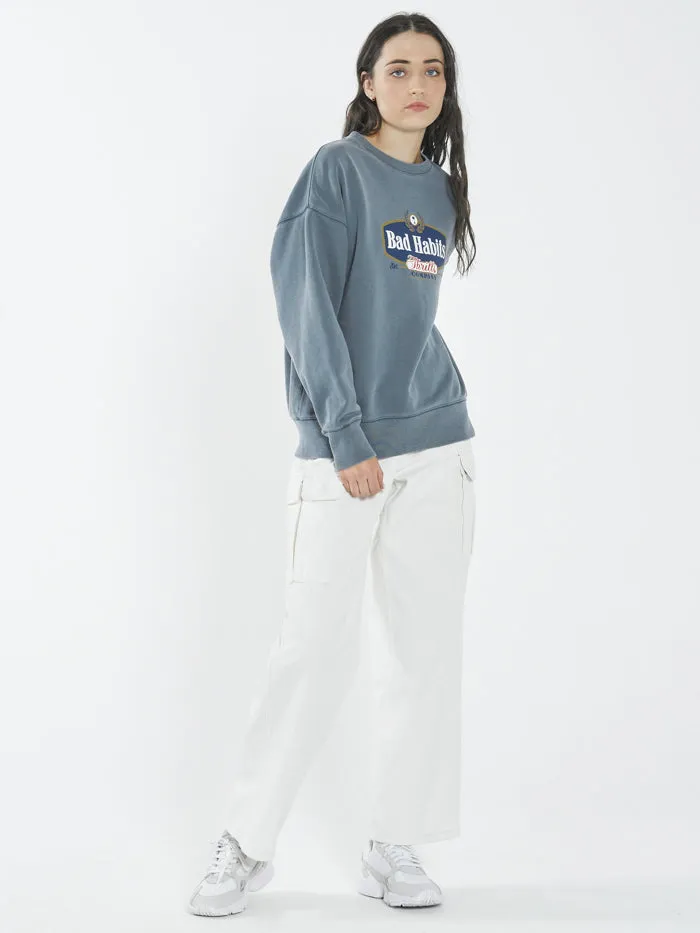 Womens Bad Habits Die Hard Slouch Crew Airforce Blue Thrills Sweaters and Fleece