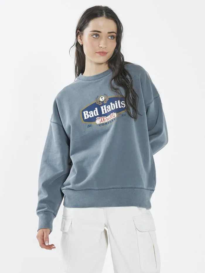Womens Bad Habits Die Hard Slouch Crew Airforce Blue Thrills Sweaters and Fleece