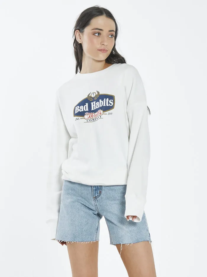 Womens Bad Habits Die Hard Slouch Crew Dirty White Thrills Sweaters and Fleece