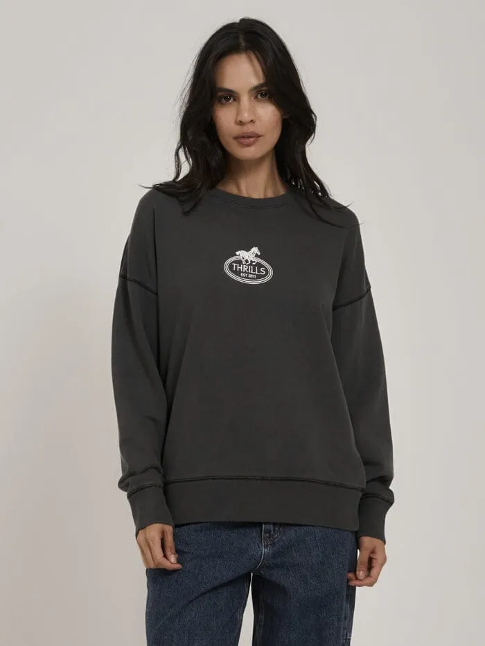 Womens Chariot Oval Slouch Crew Merch Black Thrills Sweaters and Fleece