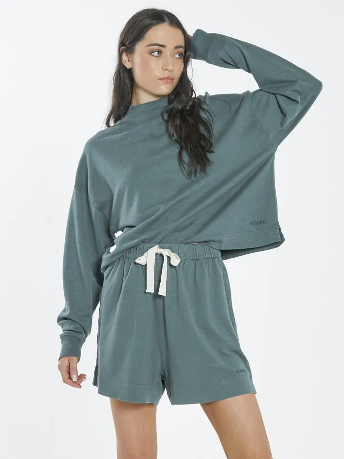 Womens Hemp Mock Neck Long Sleeve Tee Vintage Teal Thrills Tops and Tees