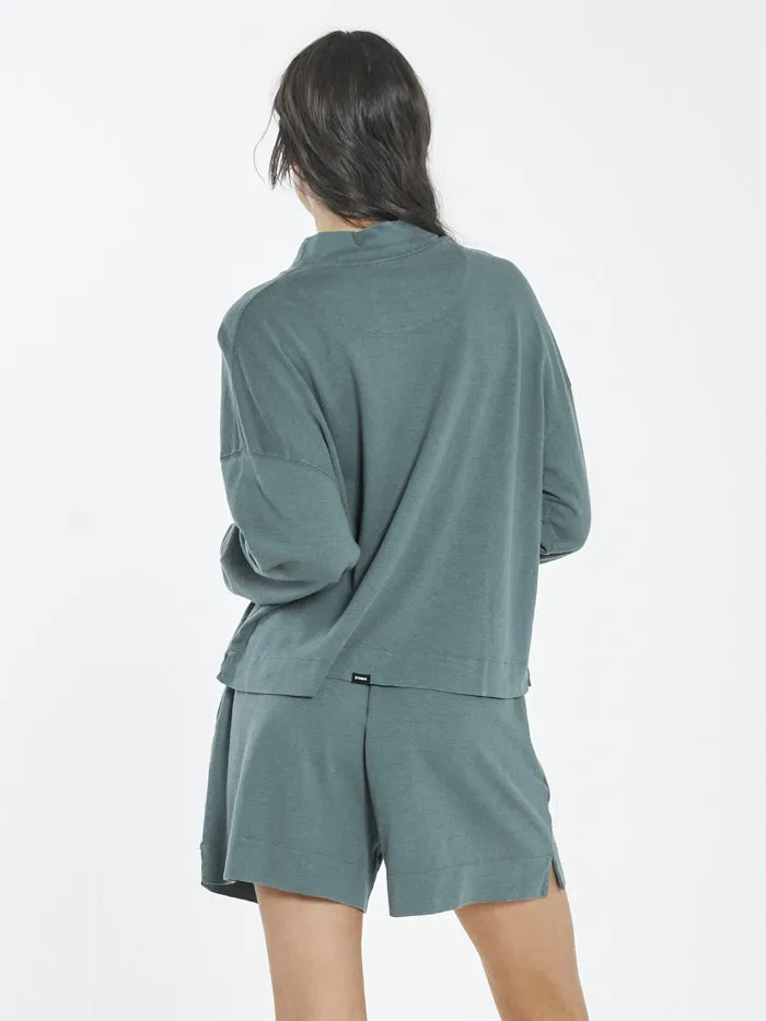 Womens Hemp Mock Neck Long Sleeve Tee Vintage Teal Thrills Tops and Tees