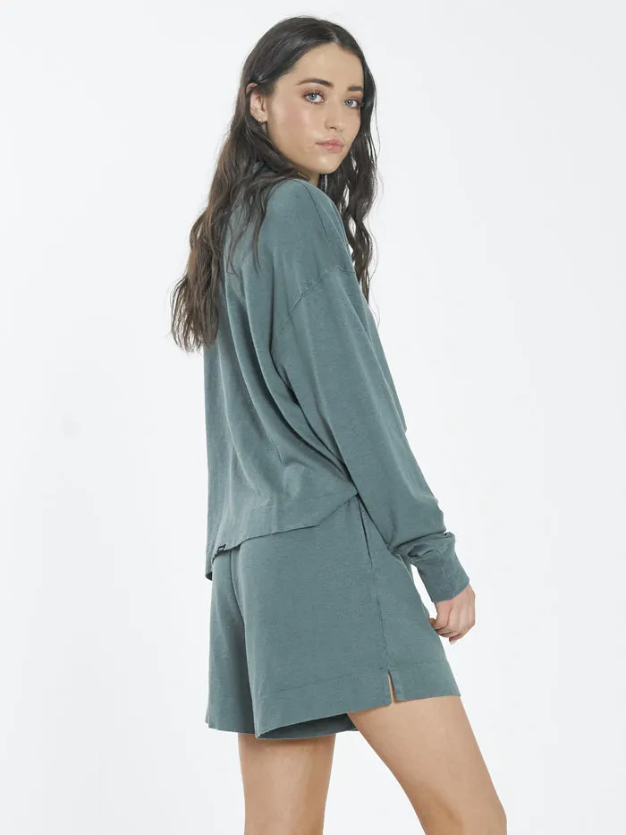 Womens Hemp Mock Neck Long Sleeve Tee Vintage Teal Thrills Tops and Tees