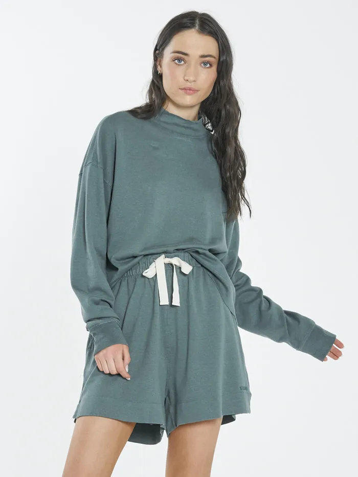 Womens Hemp Mock Neck Long Sleeve Tee Vintage Teal Thrills Tops and Tees