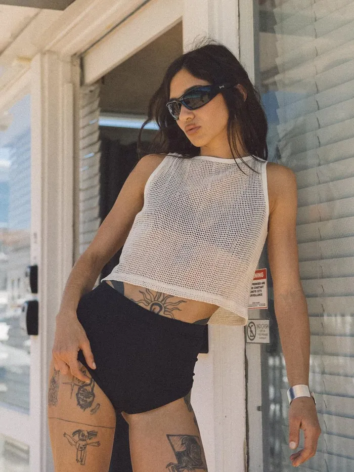 Womens Lattice Boat Neck Tank Unbleached Thrills Tops and Tees