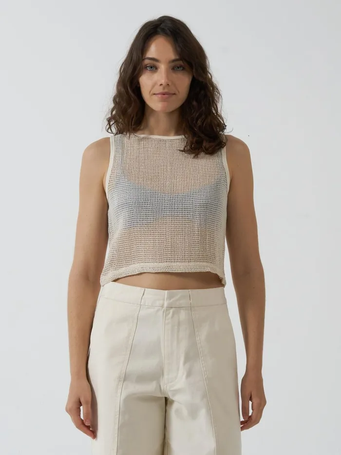 Womens Lattice Boat Neck Tank Unbleached Thrills Tops and Tees