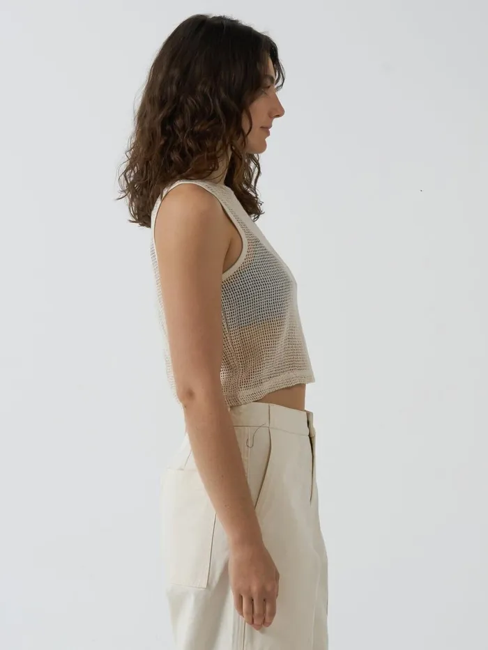 Womens Lattice Boat Neck Tank Unbleached Thrills Tops and Tees