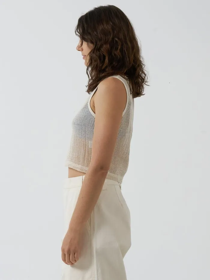 Womens Lattice Boat Neck Tank Unbleached Thrills Tops and Tees