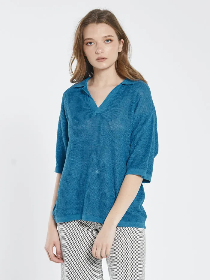 Womens Linen Knitted Oversized Polo Cerulean Blue Thrills Tops and Tees