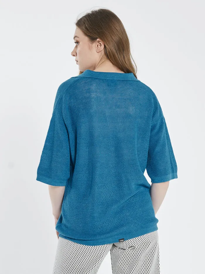 Womens Linen Knitted Oversized Polo Cerulean Blue Thrills Tops and Tees