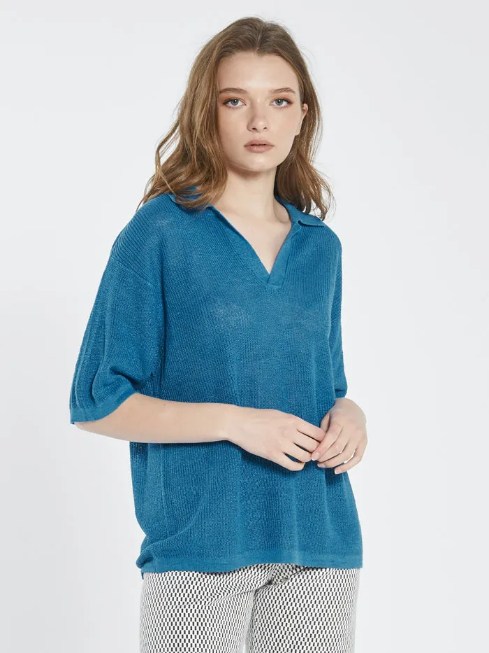 Womens Linen Knitted Oversized Polo Cerulean Blue Thrills Tops and Tees