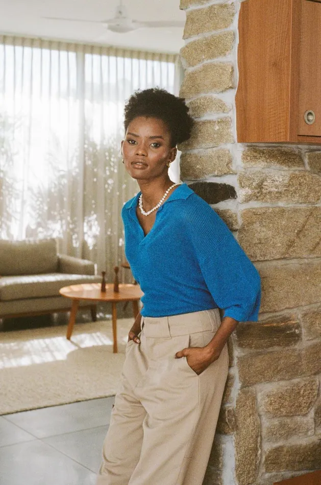 Womens Linen Knitted Oversized Polo Cerulean Blue Thrills Tops and Tees