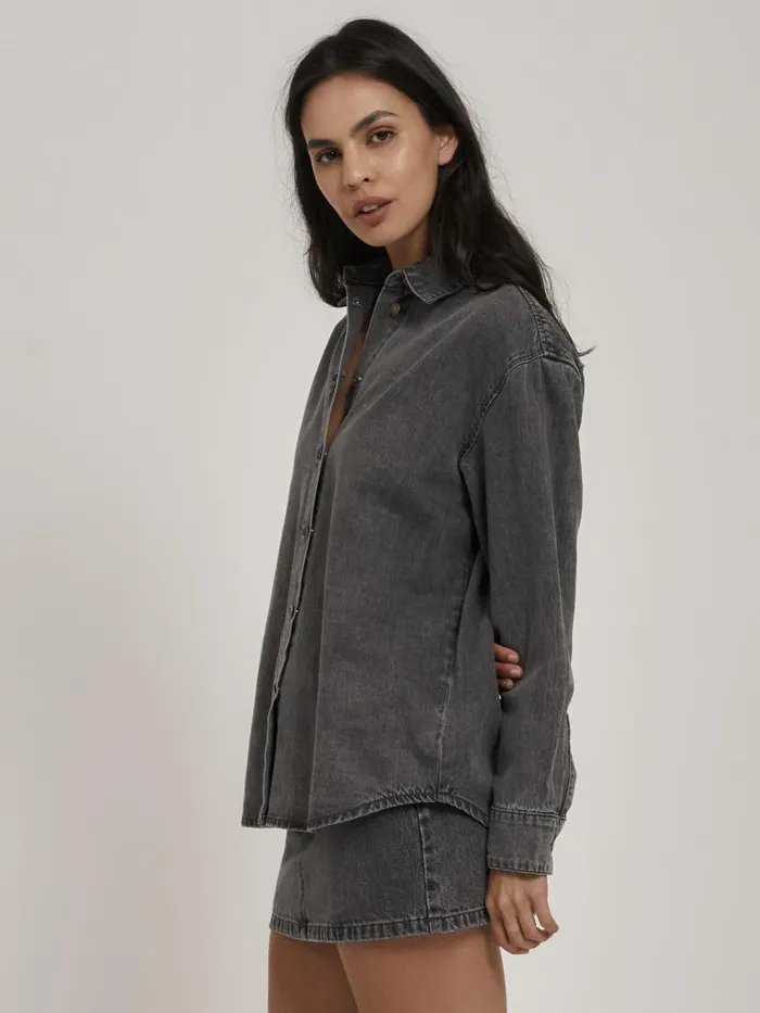 Womens Mia Denim Shirt Asphalt Grey Thrills Tops and Tees
