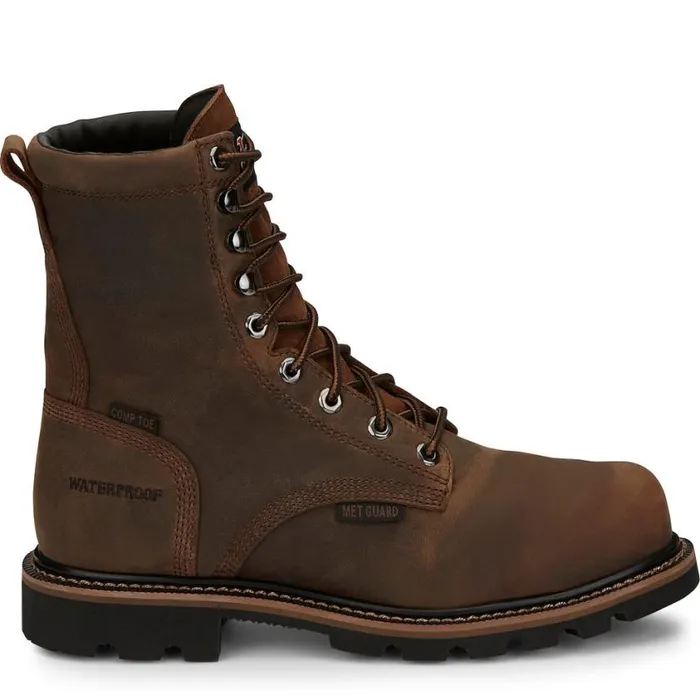 Work Men Justin Boots Pulley 8034 Composite Toe Waterproof Work Boot Brown