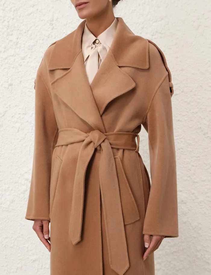 Zimmermann Clothing Natura Belted Long Coat Cinnamon 8211 Women