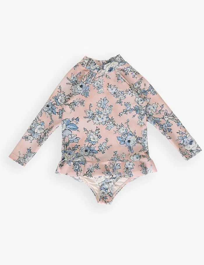 Zimmermann Swimwear Halliday Frill Rashie Peachblue Floral 8211 Kids